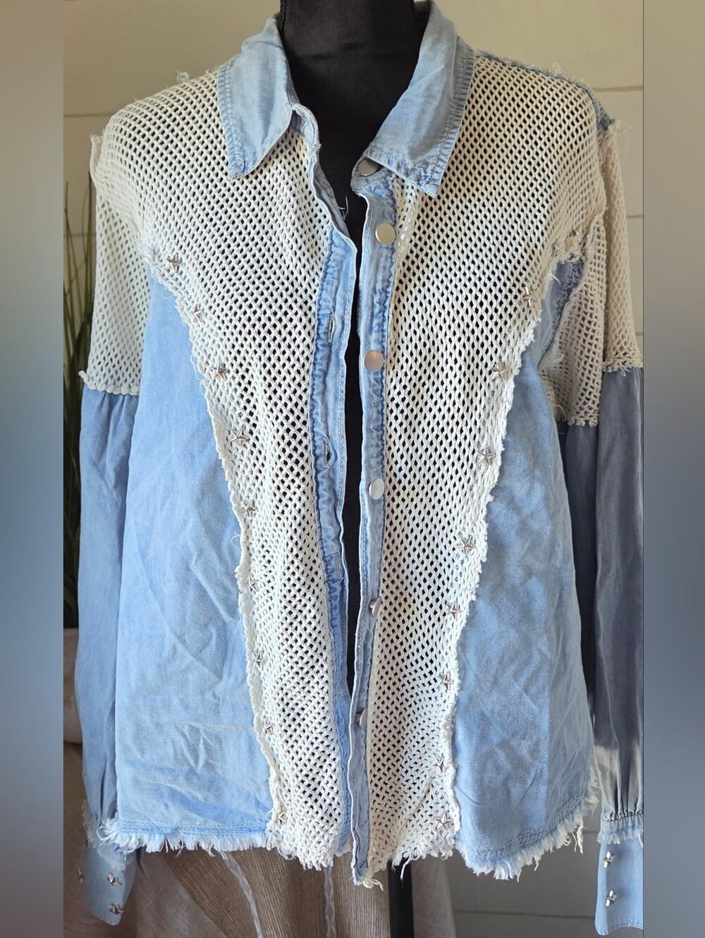 ​POL Light Blue Denim Open Knit Crochet Mesh Panel Shacket Jacket Oversized Boho